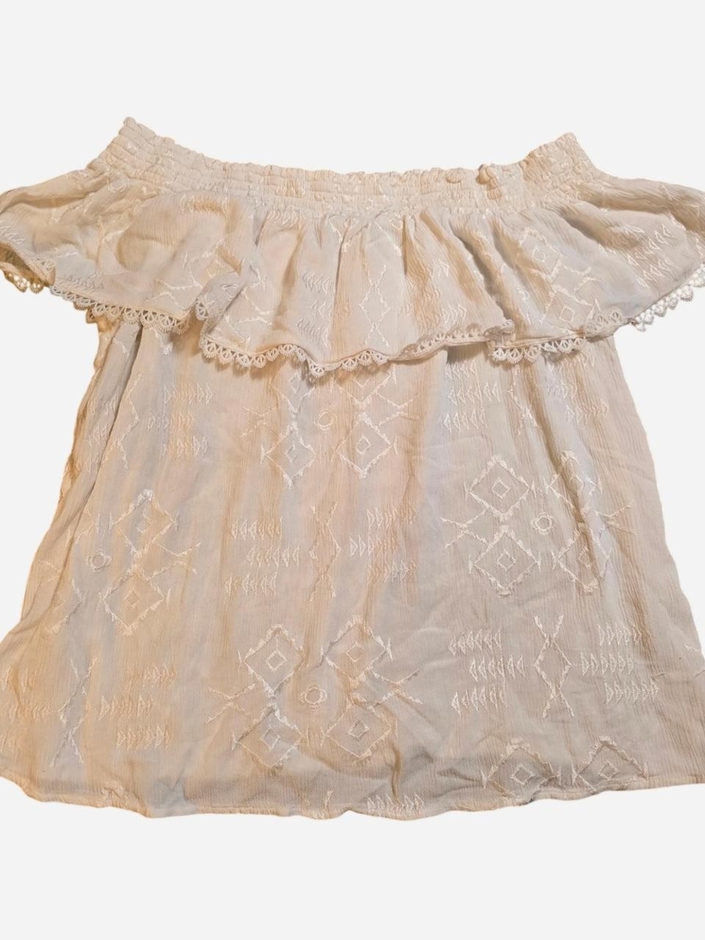 Miss Me Off the Shoulder Embroidered Boho Ruffle Top Cream Size L